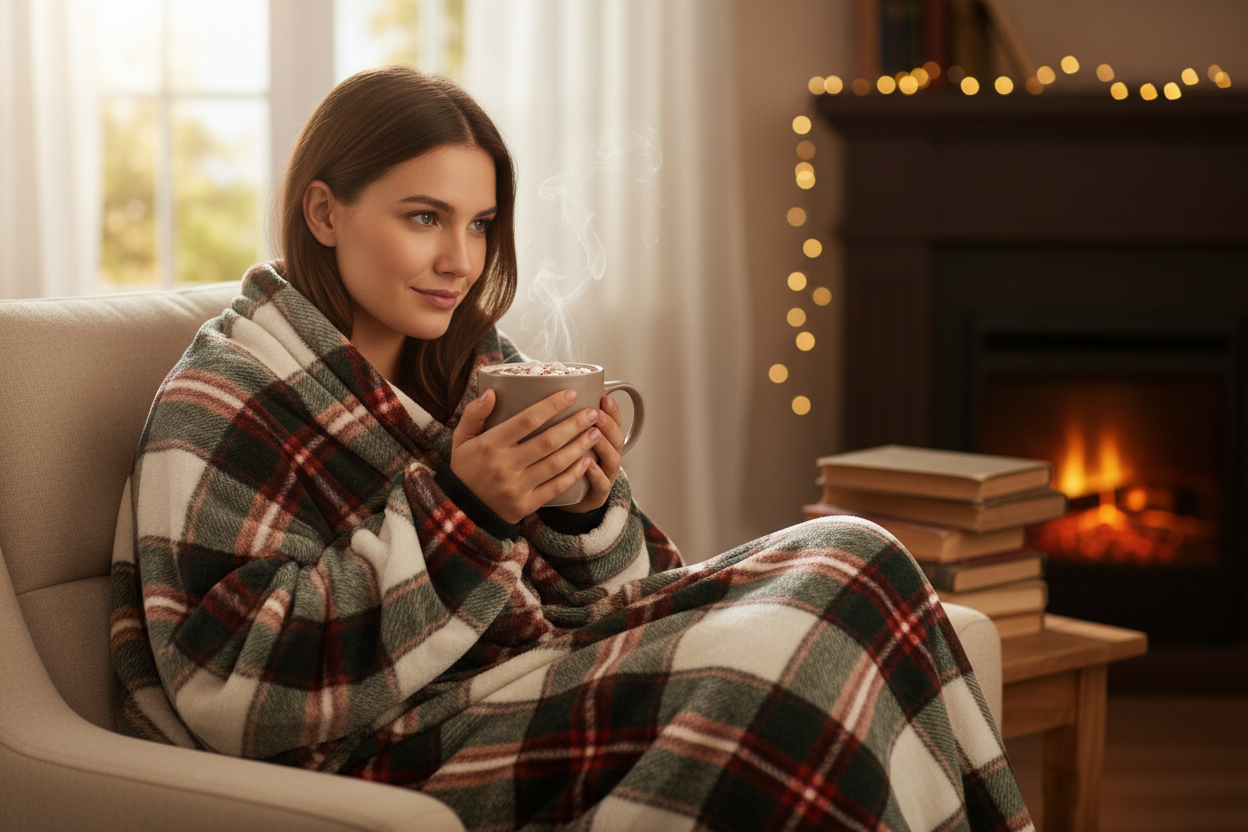 Fille portant un plaid avec manche en buvant du chocolat chaud 